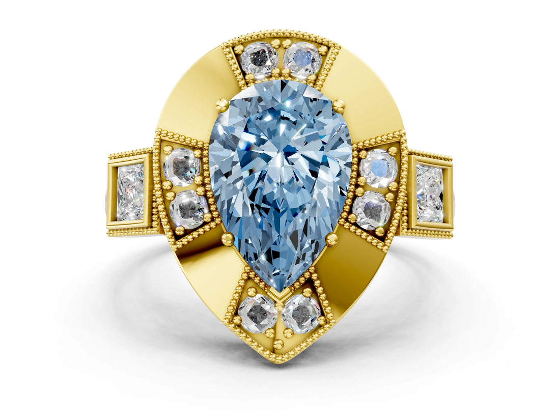 Yellow gold Milgrain Fancy Blue Pear Cut Diamond Halo Split Shank Ring