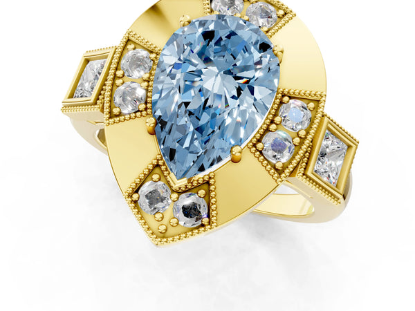 Yellow Gold Pear-Shaped Vintage Halo Engagement Ring Setting for Fancy Blue Center - Design RJ-711