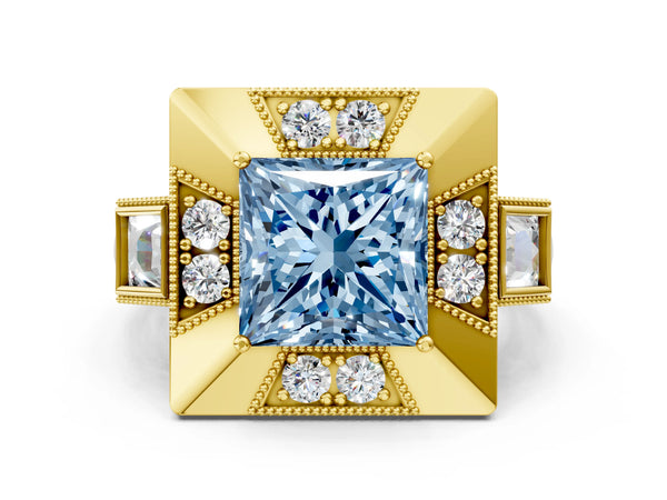 Yellow Gold Princess Cut Vintage Halo Engagement Ring Setting for Fancy Blue Center - Design RJ-711