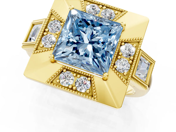 Yellow Gold Princess Cut Vintage Halo Engagement Ring Setting for Fancy Blue Center - Design RJ-711