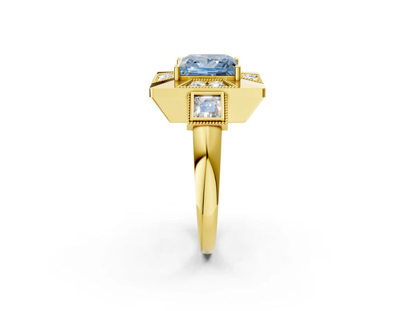 Yellow Gold Princess Cut Vintage Halo Engagement Ring Setting for Fancy Blue Center - Design RJ-711
