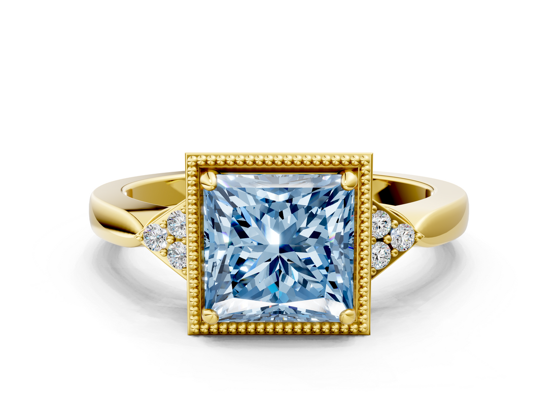 Yellow gold Milgrain Fancy Blue Princess  Cut Diamond Ring with Tapered Pave Band and Four Prong Setting_3