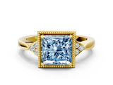 Yellow gold Milgrain Fancy Blue Princess  Cut Diamond Ring with Tapered Pave Band and Four Prong Setting_3