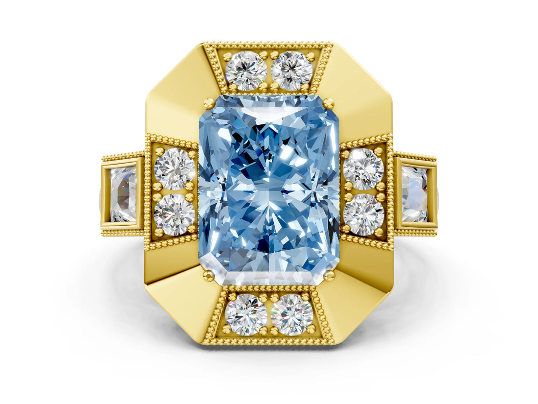Yellow gold Milgrain Fancy Blue Radiant Cut Diamond Halo Split Shank Ring