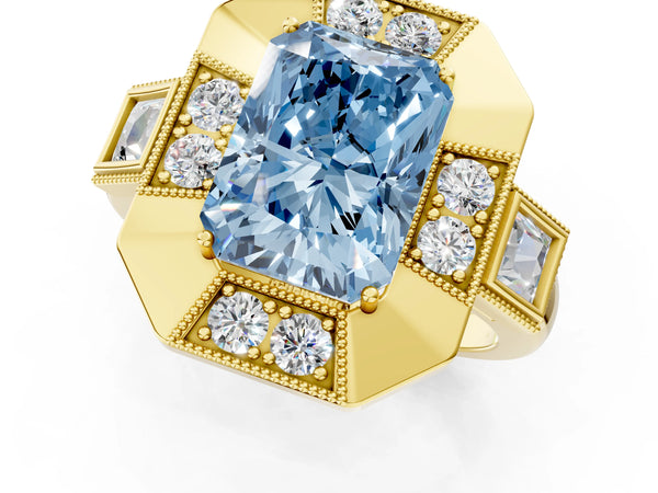 Yellow Gold Radiant Cut Vintage Halo Engagement Ring Setting for Fancy Blue Center - Design RJ-711