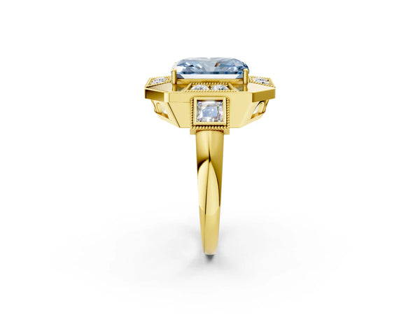 Yellow Gold Radiant Cut Vintage Halo Engagement Ring Setting for Fancy Blue Center - Design RJ-711