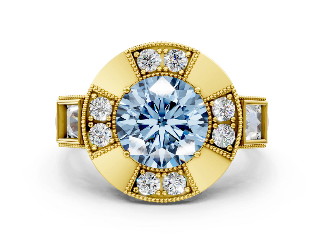 Yellow gold Milgrain Fancy Blue Round Cut Diamond Halo Split Shank Ring