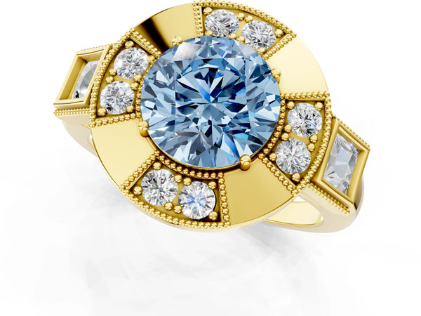 Yellow Gold Round Vintage Halo Engagement Ring Setting for Fancy Blue Center - Design RJ-711
