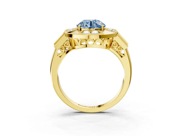 Yellow Gold Round Vintage Halo Engagement Ring Setting for Fancy Blue Center - Design RJ-711