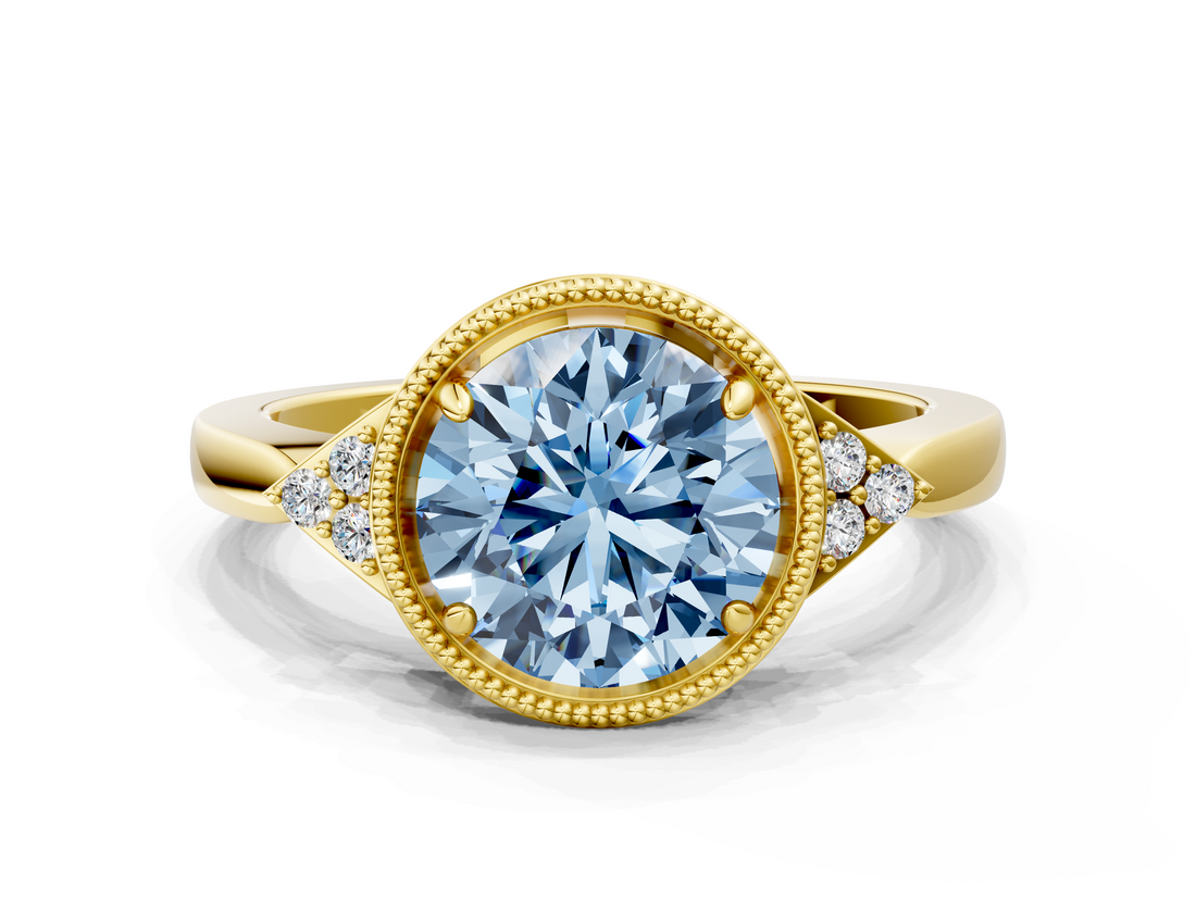Yellow gold Milgrain Fancy Blue Round  Cut Diamond Ring with Tapered Pave Band and Four Prong Setting_3