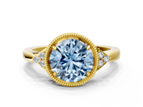 Yellow gold Milgrain Fancy Blue Round  Cut Diamond Ring with Tapered Pave Band and Four Prong Setting_3