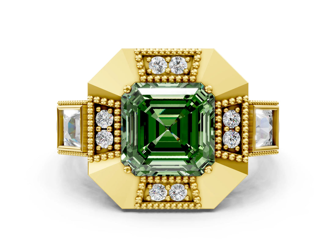 Yellow gold Milgrain Fancy Green Asscher Cut Diamond Halo Split Shank Ring