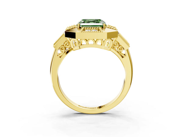 Yellow Gold Asscher Cut Vintage Halo Engagement Ring Setting for Fancy Green Center - Design RJ-711