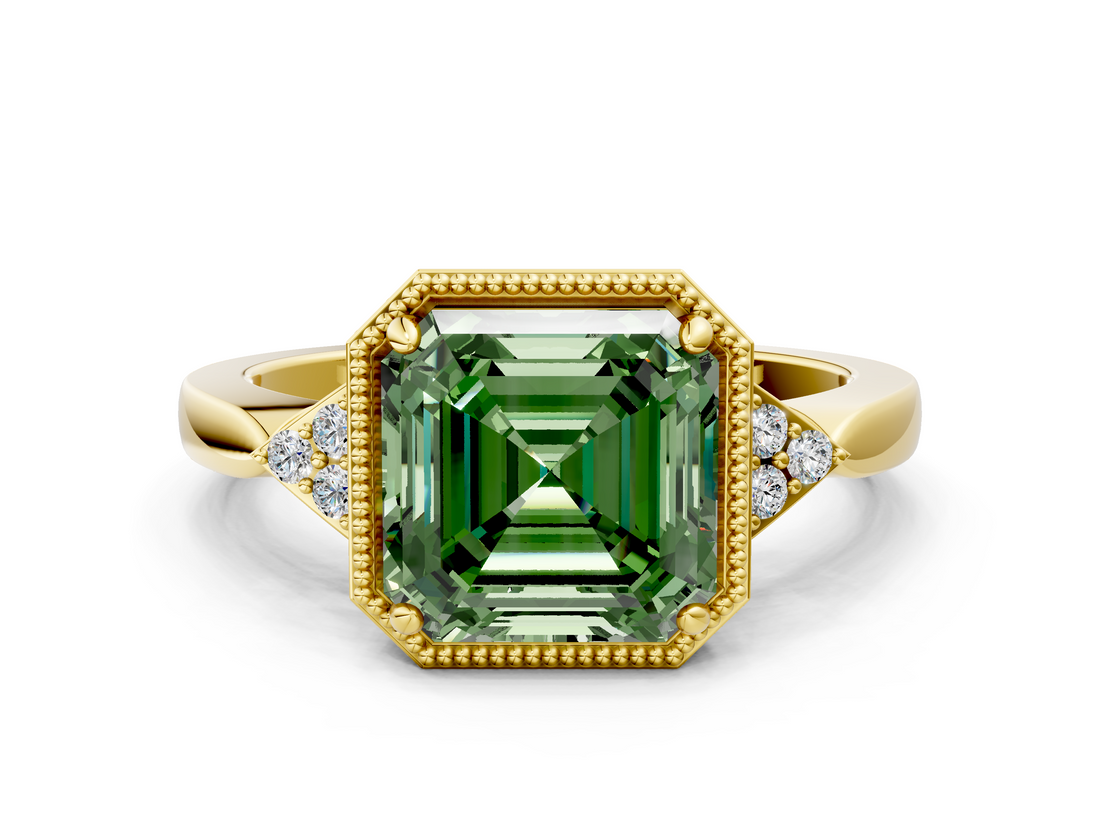Yellow gold Milgrain Fancy Green Asscher  Cut Diamond Ring with Tapered Pave Band and Four Prong Setting_22