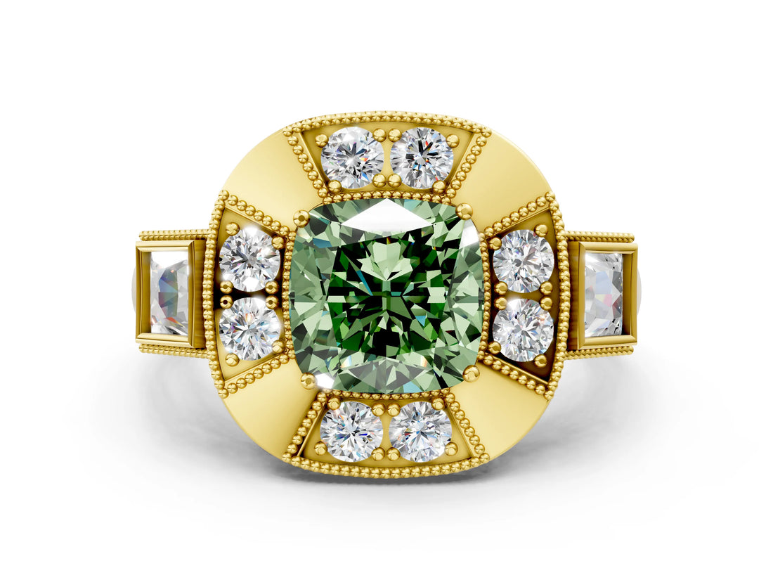 Yellow gold Milgrain Fancy Green Cushion Cut Diamond Halo Split Shank Ring