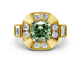 Yellow gold Milgrain Fancy Green Cushion Cut Diamond Halo Split Shank Ring