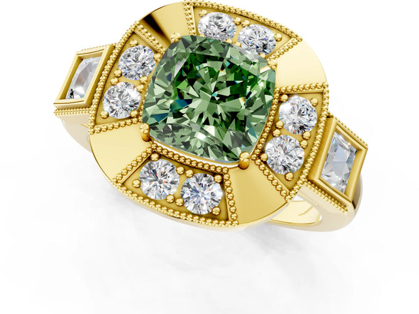 Yellow Gold Cushion Cut Vintage Halo Engagement Ring Setting for Fancy Green Center - Design RJ-711