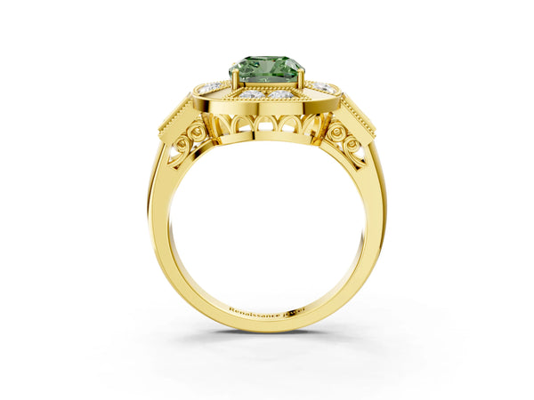 Yellow Gold Cushion Cut Vintage Halo Engagement Ring Setting for Fancy Green Center - Design RJ-711