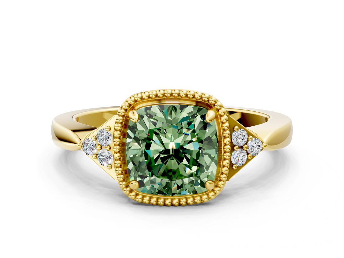 Yellow gold Milgrain Fancy Green Cushion  Cut Diamond Ring with Tapered Pave Band and Four Prong Setting_3