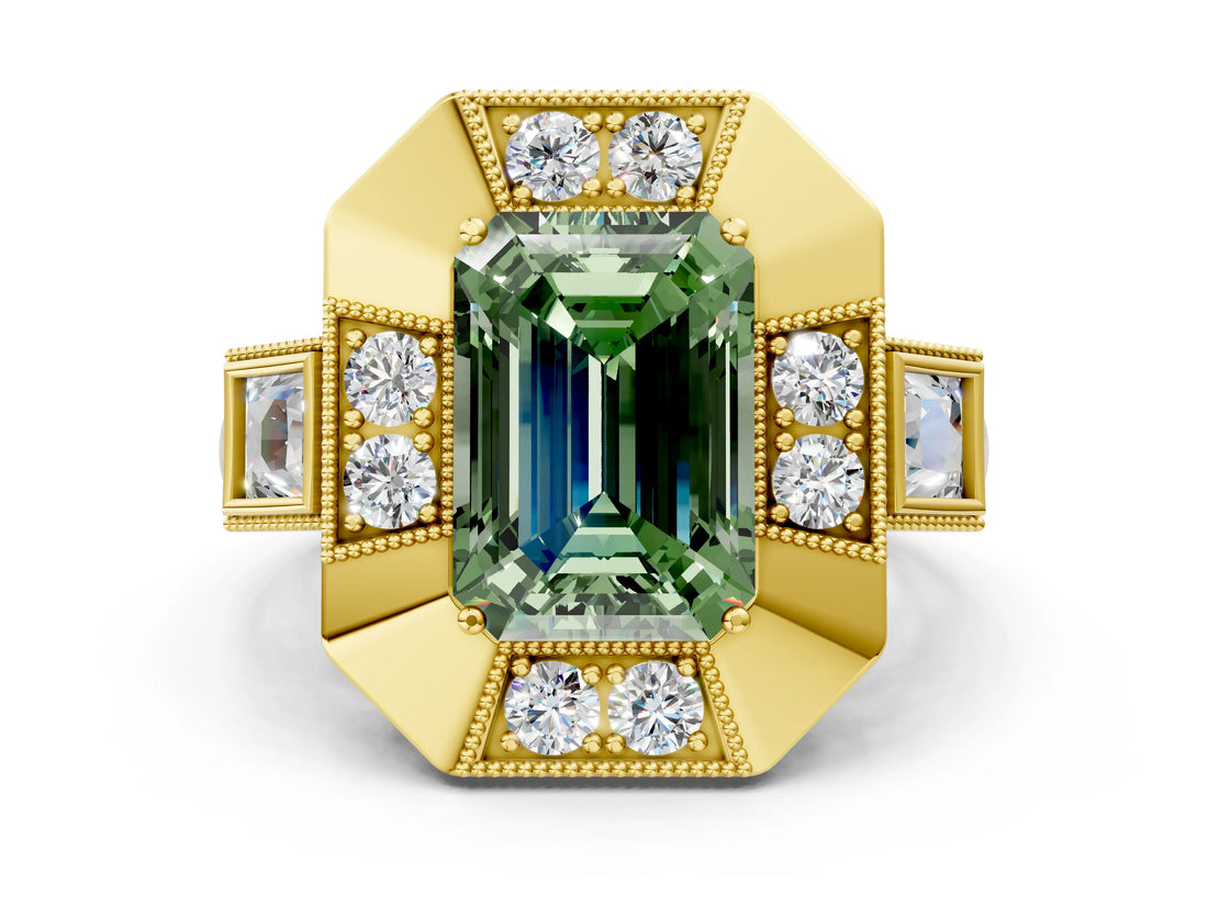 Yellow gold Milgrain Fancy Green Emerald Cut Diamond Halo Split Shank Ring