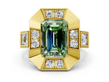 Yellow gold Milgrain Fancy Green Emerald Cut Diamond Halo Split Shank Ring
