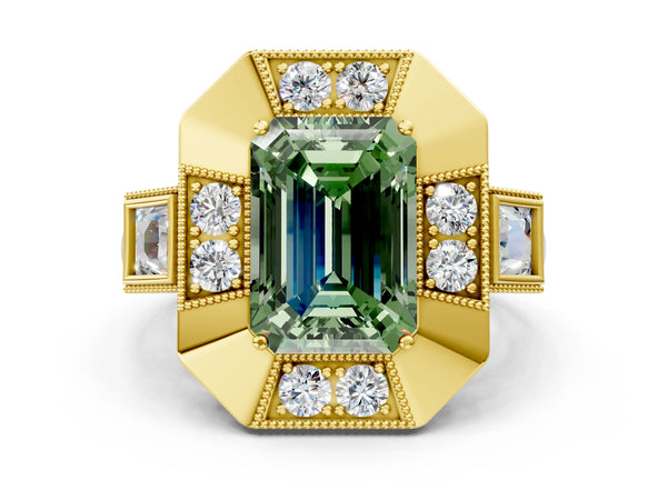 Yellow Gold Emerald Cut Vintage Halo Engagement Ring Setting for Fancy Green Center - Design RJ-711