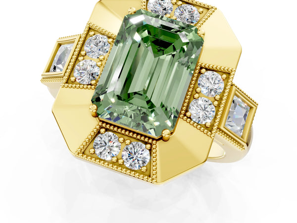 Yellow Gold Emerald Cut Vintage Halo Engagement Ring Setting for Fancy Green Center - Design RJ-711