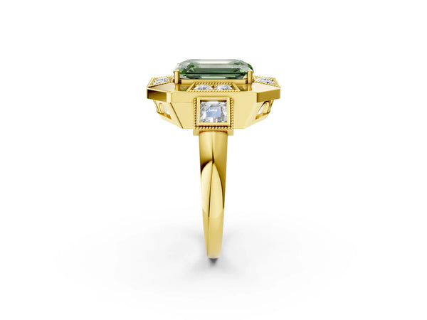 Yellow Gold Emerald Cut Vintage Halo Engagement Ring Setting for Fancy Green Center - Design RJ-711