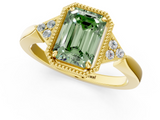 Yellow gold Milgrain Fancy Green Emerald  Cut Diamond Ring with Tapered Pave Band and Four Prong Setting_4