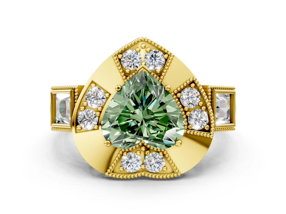 Yellow gold Milgrain Fancy Green Heart Cut Diamond Halo Split Shank Ring_6