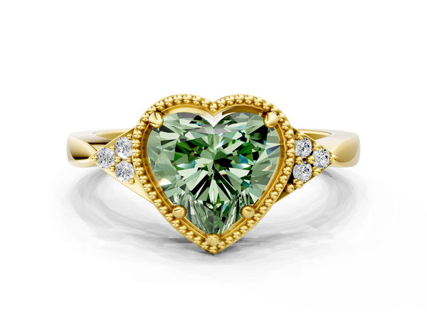 Yellow gold Milgrain Fancy Green Heart  Cut Diamond Ring with Tapered Pave Band and Four Prong Setting