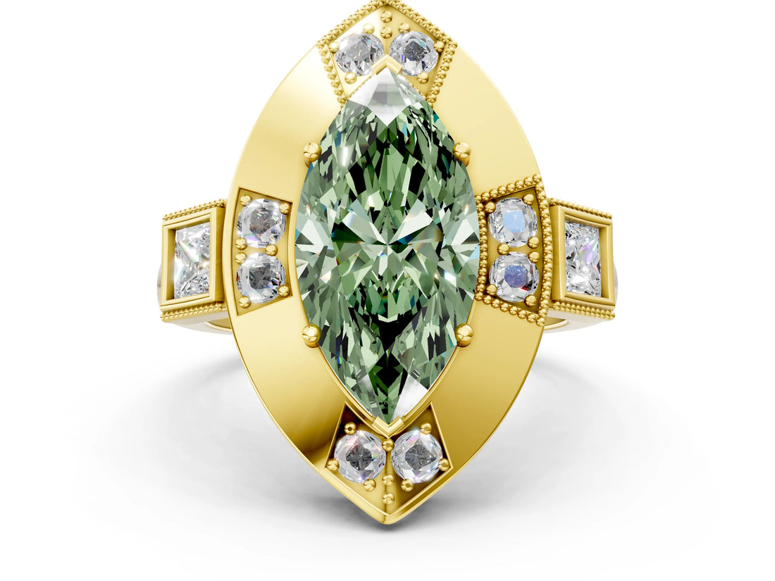 Yellow gold Milgrain Fancy Green Marquise Cut Diamond Halo Split Shank Ring