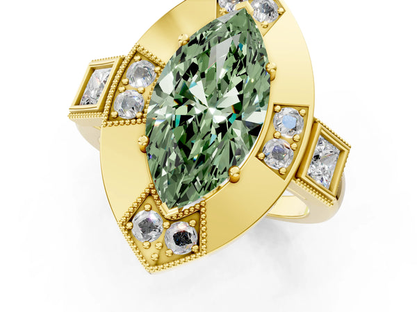 Yellow Gold Marquise Vintage Halo Engagement Ring Setting for Fancy Green Center - Design RJ-711