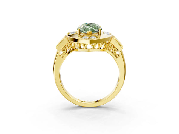 Yellow Gold Marquise Vintage Halo Engagement Ring Setting for Fancy Green Center - Design RJ-711