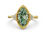 Yellow gold Milgrain Fancy Green Marquise  Cut Diamond Ring with Tapered Pave Band and Four Prong Setting_19