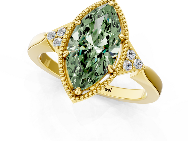 Yellow gold Milgrain Fancy Green Marquise  Cut Diamond Ring with Tapered Pave Band and Four Prong Setting