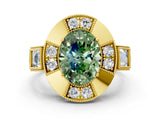 Yellow gold Milgrain Fancy Green Oval Cut Diamond Halo Split Shank Ring