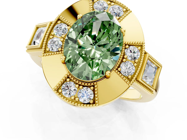 Yellow Gold Oval Vintage Halo Engagement Ring Setting for Fancy Green Center - Design RJ-711