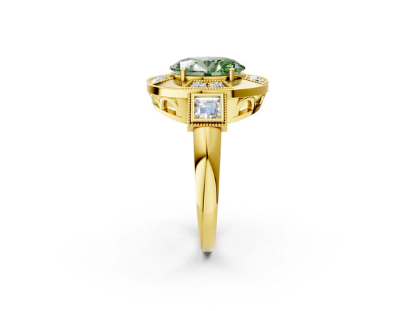 Yellow Gold Oval Vintage Halo Engagement Ring Setting for Fancy Green Center - Design RJ-711
