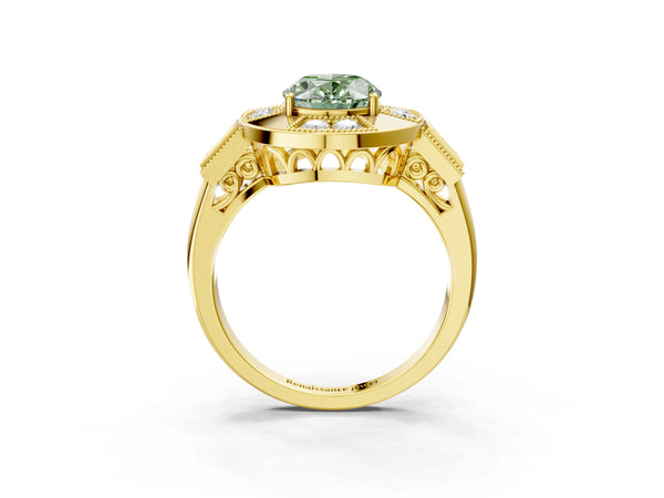 Yellow Gold Oval Vintage Halo Engagement Ring Setting for Fancy Green Center - Design RJ-711