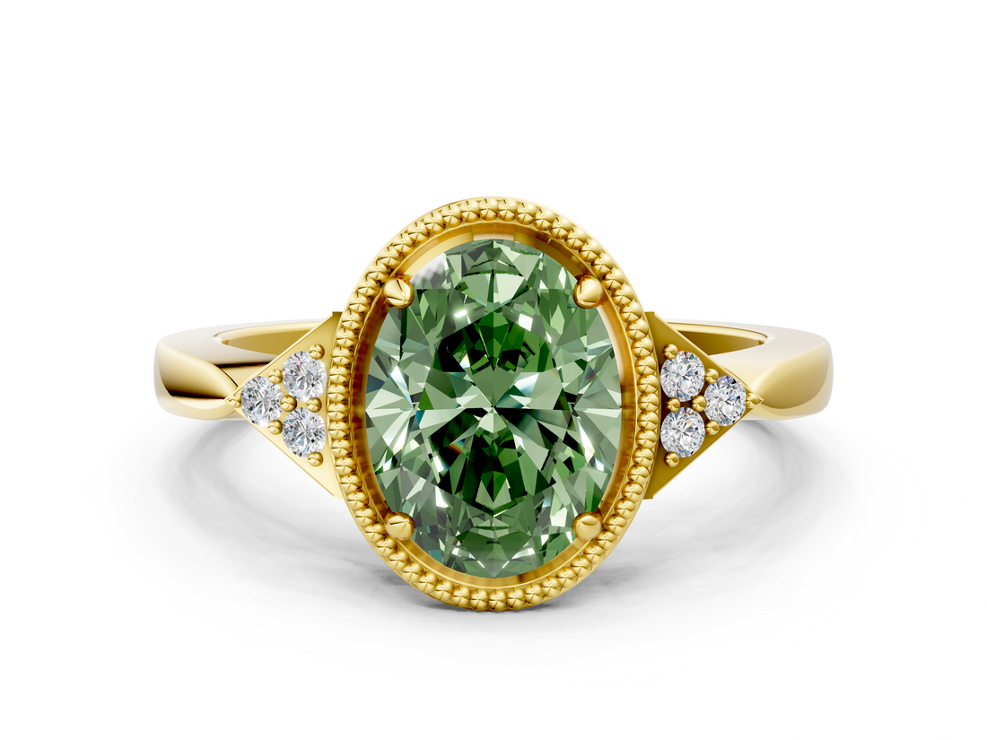Yellow gold Milgrain Fancy Green Oval  Cut Diamond Ring with Tapered Pave Band and Four Prong Setting_3