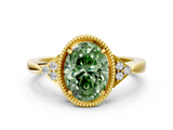 Yellow gold Milgrain Fancy Green Oval  Cut Diamond Ring with Tapered Pave Band and Four Prong Setting_3