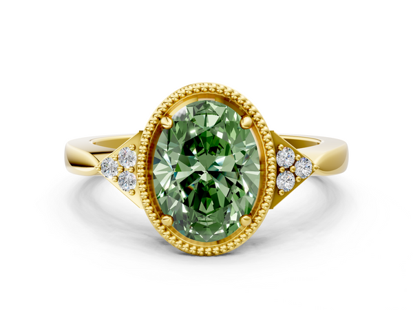 Yellow gold Milgrain Fancy Green Oval  Cut Diamond Ring with Tapered Pave Band and Four Prong Setting