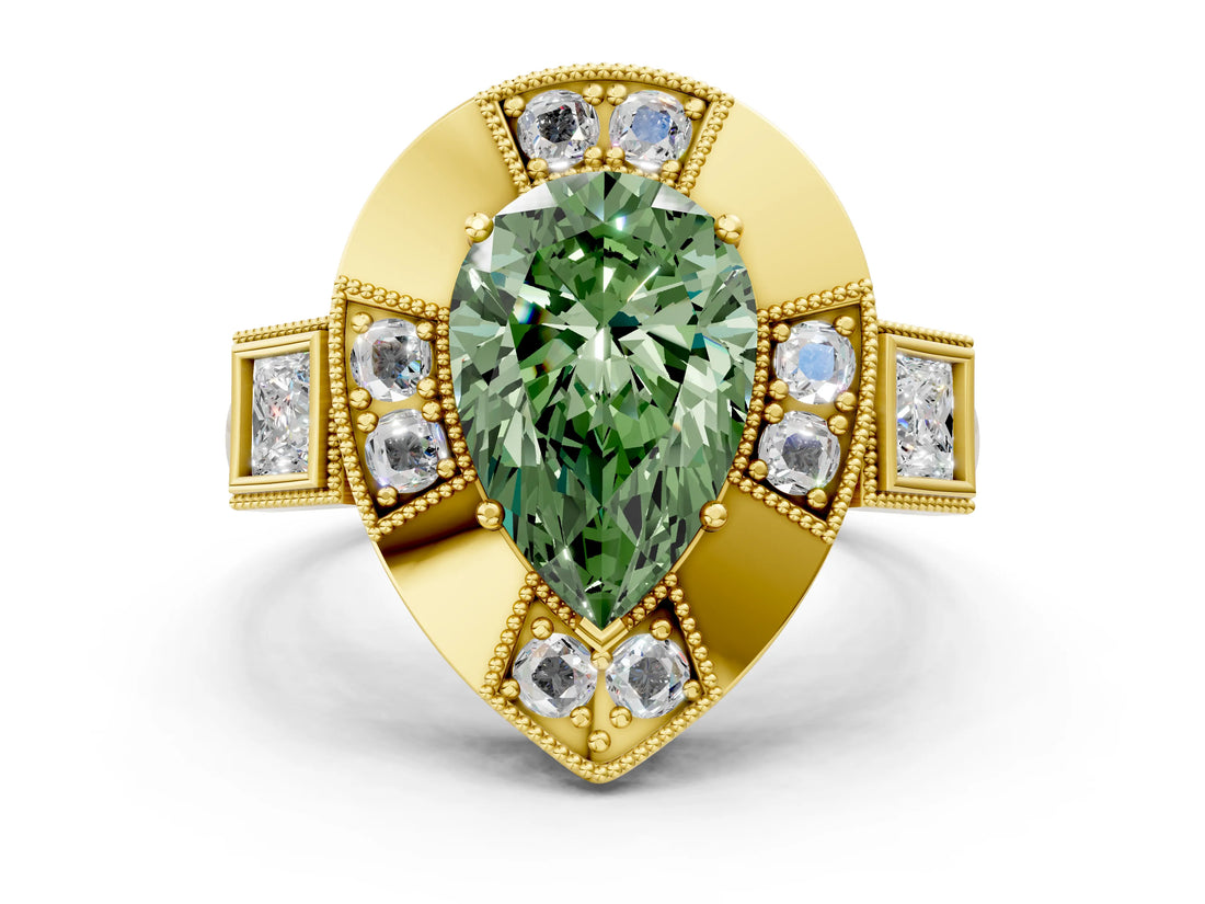 Yellow gold Milgrain Fancy Green Pear Cut Diamond Halo Split Shank Ring