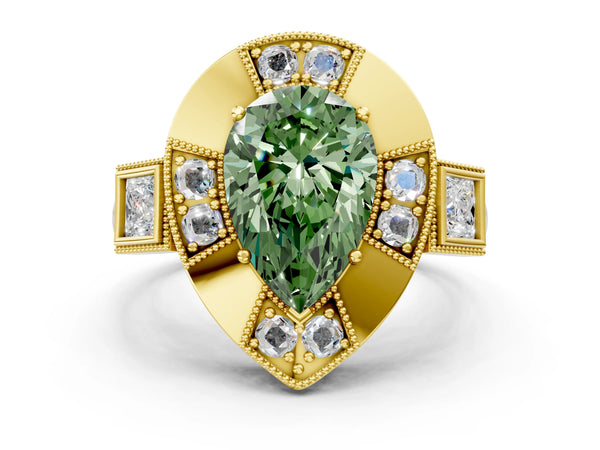 Yellow Gold Pear-Shaped Vintage Halo Engagement Ring Setting for Fancy Green Center - Design RJ-711