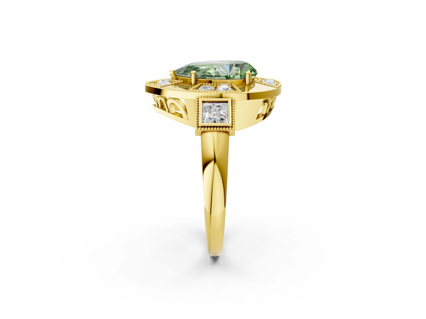 Yellow Gold Pear-Shaped Vintage Halo Engagement Ring Setting for Fancy Green Center - Design RJ-711