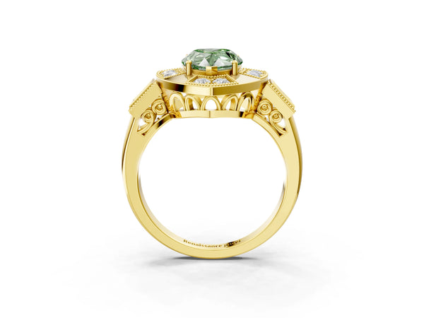 Yellow Gold Pear-Shaped Vintage Halo Engagement Ring Setting for Fancy Green Center - Design RJ-711