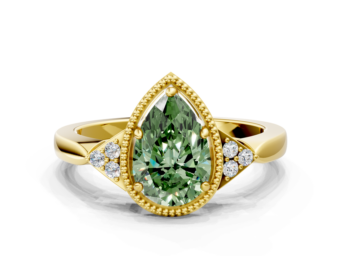Yellow gold Milgrain Fancy Green Pear  Cut Diamond Ring with Tapered Pave Band and Four Prong Setting_3