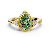 Yellow gold Milgrain Fancy Green Pear  Cut Diamond Ring with Tapered Pave Band and Four Prong Setting_3