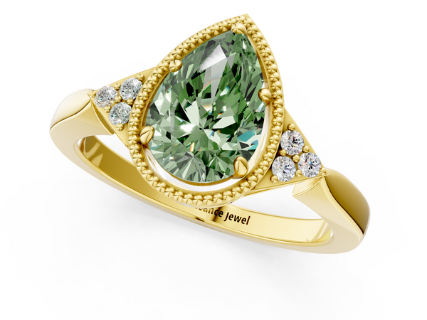 Yellow gold Milgrain Fancy Green Pear  Cut Diamond Ring with Tapered Pave Band and Four Prong Setting